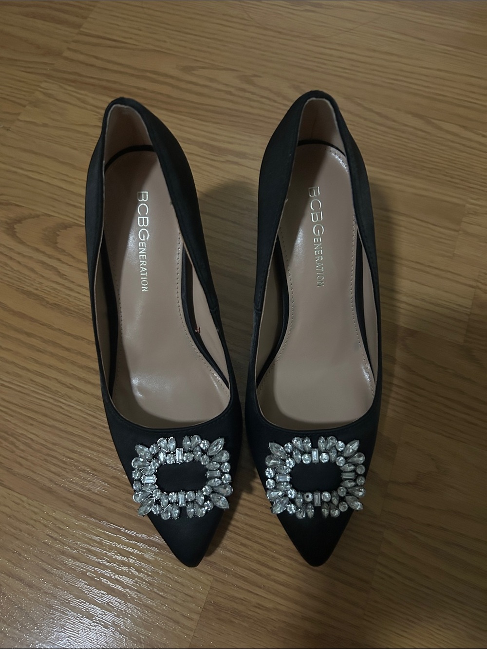 BCBGeneration Black Pointed Toe Pumps with Crystal Buckle